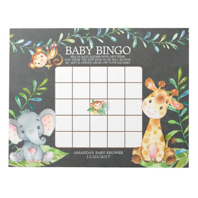 Bloc de notas de juego de bingo Baby Shower Jungle (Frente)