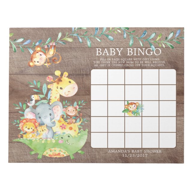 Bloc de notas de juego de bingo Baby Shower Jungle (Frente)