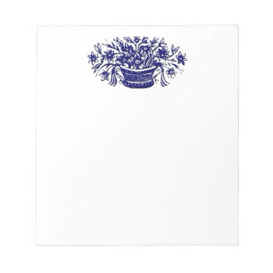 Bloc de notas de la cesta de flores azul blanco