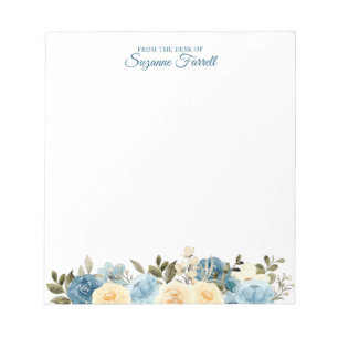 Bloc De Notas De la mesa de nombre Watercolor Floral Azul
