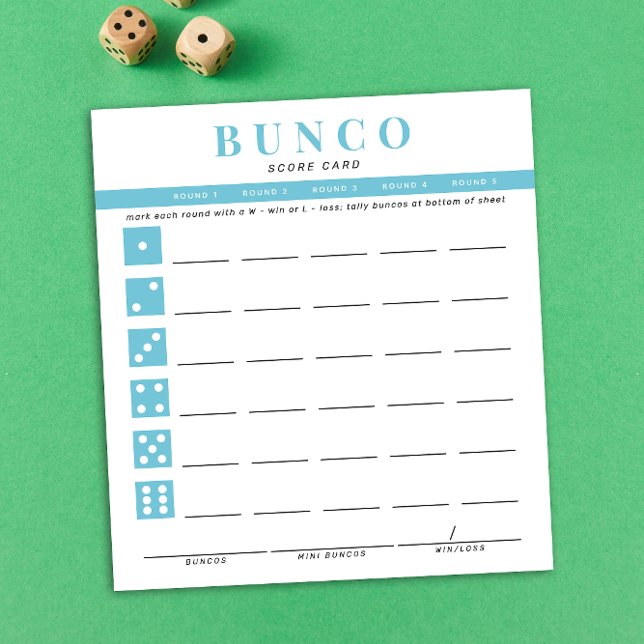 Bloc de notas de la tarjeta de puntuación de Bunco (modern tear-off notepad Bunco score card with sky blue dice graphics and accents )