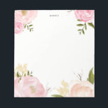 Bloc de notas de las flores de color rosa romántic<br><div class="desc">Una pancarta floral de personalizable con ilustraciones acuarelas de peonías,  rosas,  aliento de bebé y follaje. Será un acento femenino perfecto para tu oficina.</div>