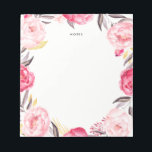 Bloc de notas de orejas rosadas y doradas de color<br><div class="desc">Un bloc de notas floral de personalizable con peonías rosadas con acentos de oro y follaje gris.</div>