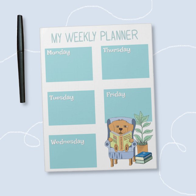Bloc de notas de planificador semanal para niños c (Cute kid weekly planner with a reading dog illustration . )