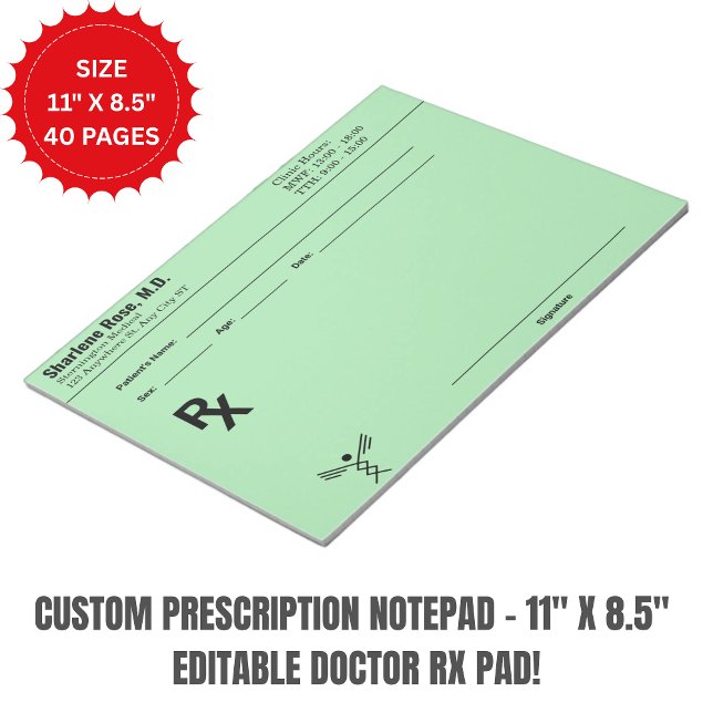 Bloc de notas de prescripción personalizada – Doct (Custom Prescription Notepad – 11" x 8.5" Editable Doctor RX Pad)
