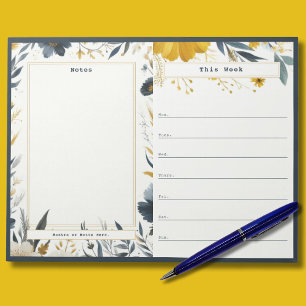 Bloc de notas del calendario de floral azul y dora