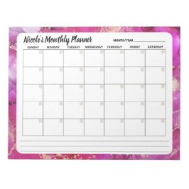 Bloc de notas del calendario mensual rosa y dorado