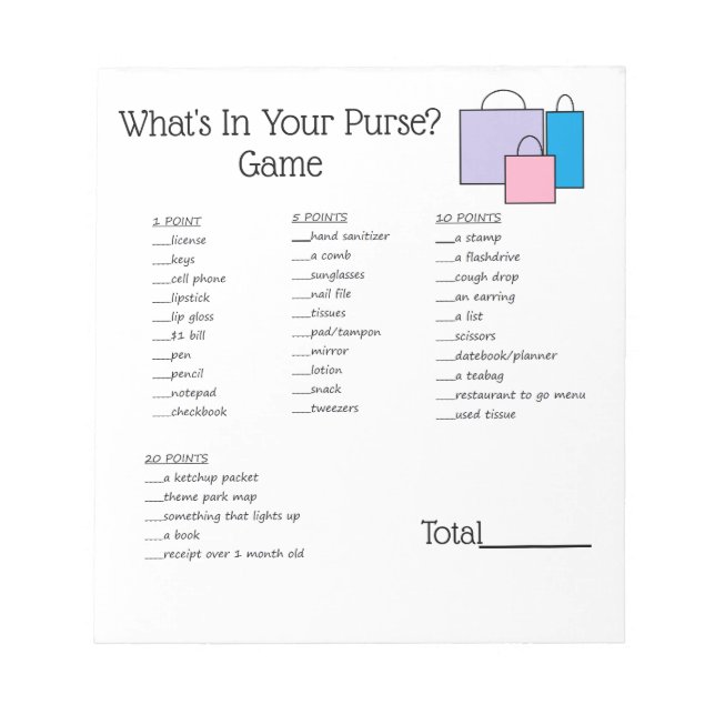 Bloc de notas del juego "What's In Your Purse" (Frente)