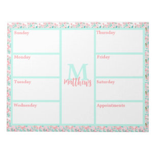 Bloc de notas del planificador floral rosa y Aqua 