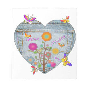 Bloc De Notas Denim Pocket Heart Flowers Butterflies