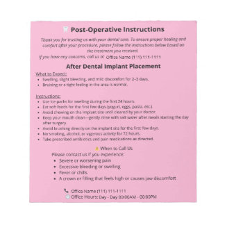 Bloc De Notas  Dental Post Op Instructions Notepad (Implant)