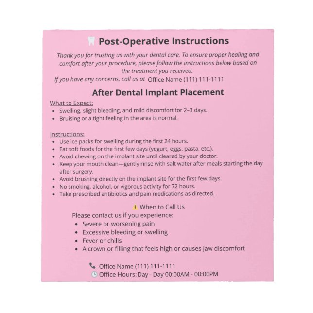 Bloc De Notas  Dental Post Op Instructions Notepad (Implant) (Frente)