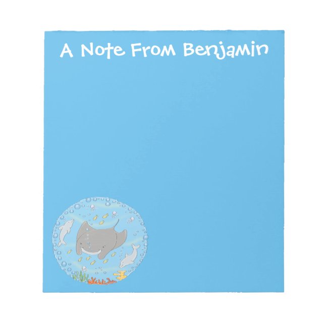 Bloc De Notas Dibujo animado de una mantarraya linda y burbujas (Frente)