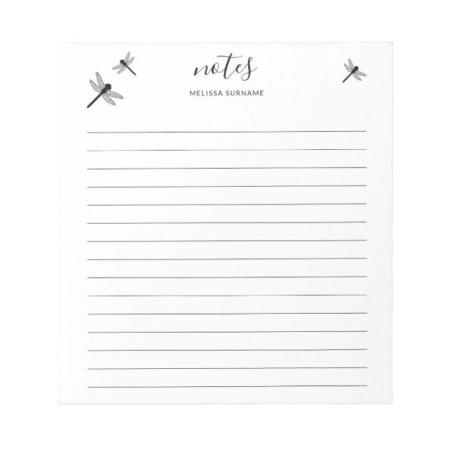 Bloc De Notas Diseño de libélula con nombre personalizable rayad (Frente)