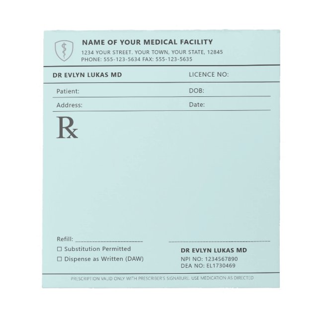 Bloc De Notas Doctor Prescription Editable Pastel Blue Medical (Frente)