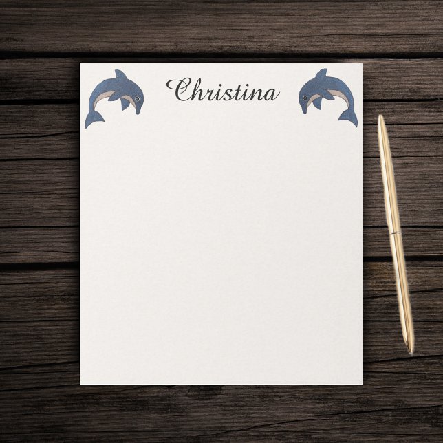 Bloc De Notas Dos chispas ricas como delfines saltando azul oscu (Two blue sparkling jumping dolphins on textured look white paper notepad.)