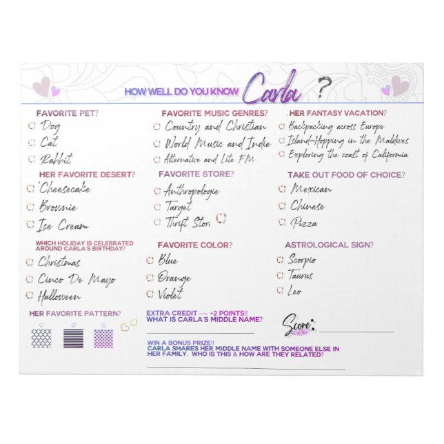 Bloc De Notas El juego de ducha de novia de Carla "Qué tan bien  (Frente)