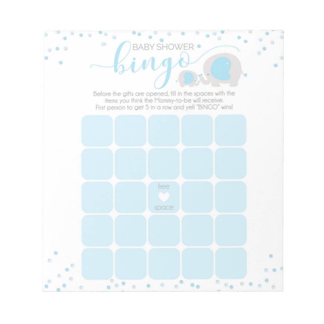 Bloc De Notas Elefante Blanco Azul Bingo de Baby Shower Notepad (Frente)