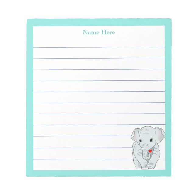 Bloc De Notas Elefante lindo con marco turquesa rayado (Frente)