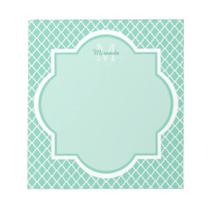 Bloc De Notas Elegant Mint Green Quatrefoil Monogram With Name