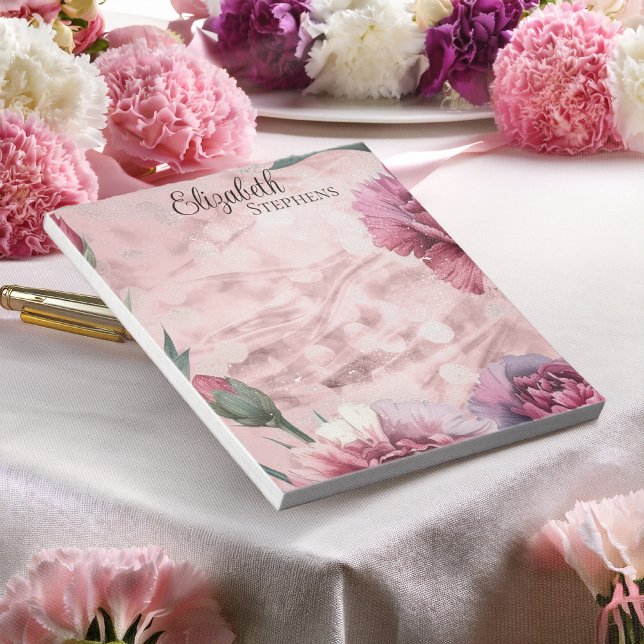 Bloc De Notas Elegant Pink Carnations Boho Floral - Name (Personalized Carnation Floral Watercolor Notepad | Elegant Pink Mauve Burgundy Name Stationery)