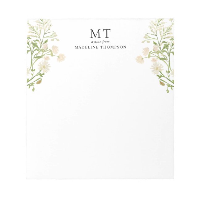 Bloc De Notas Elegant White Floral Wildflower Classic Monogram (Frente)