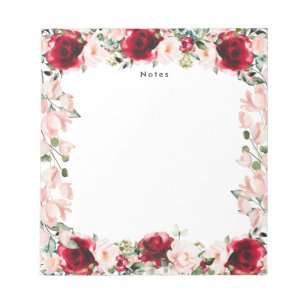 Bloc De Notas Elegante acuarela color rojo rosa floral personali