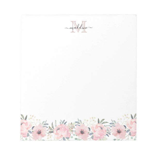 Bloc De Notas Elegante acuarela Floral Rubor Monograma rosa (Frente)
