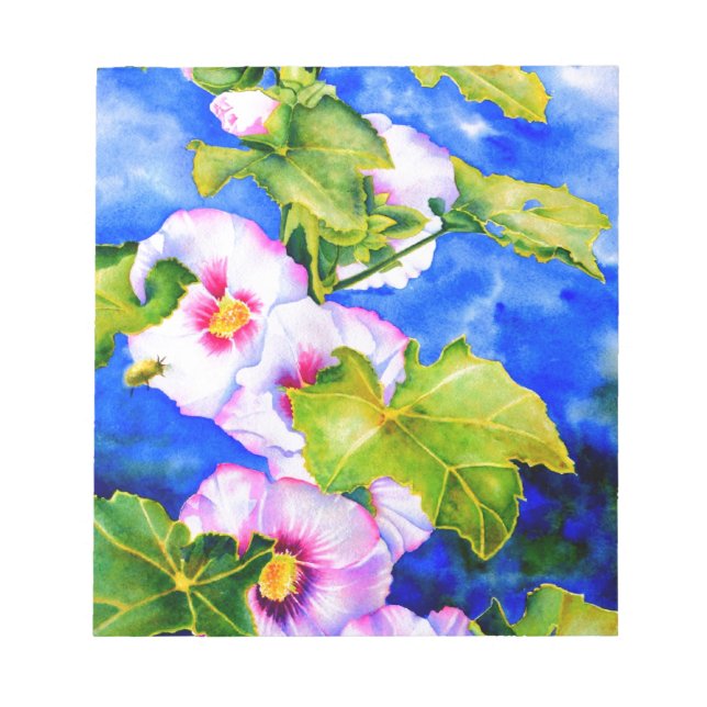 Bloc De Notas Elegante acuarela flores florales rosas Hollyhocks (Frente)