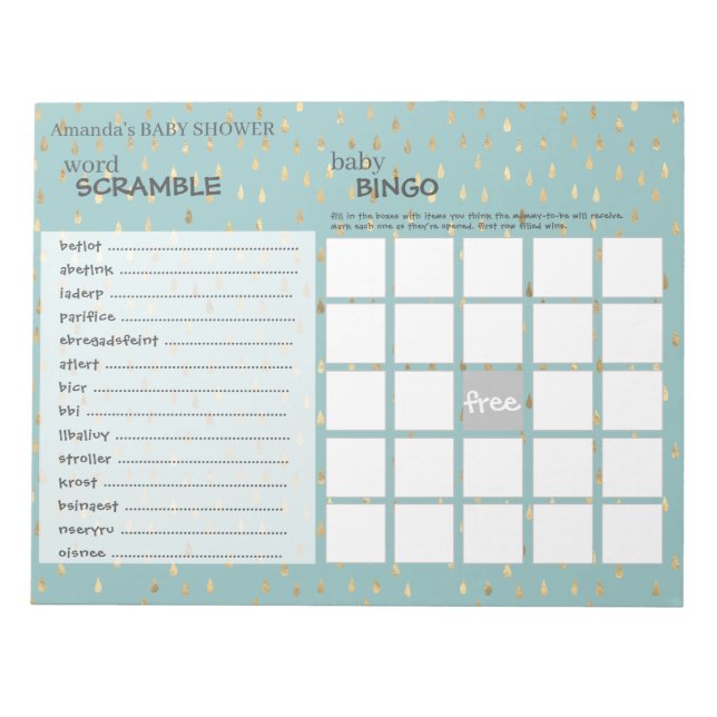 Bloc De Notas Elegante Baby Blue & Gold Gotas En La Ducha (Frente)