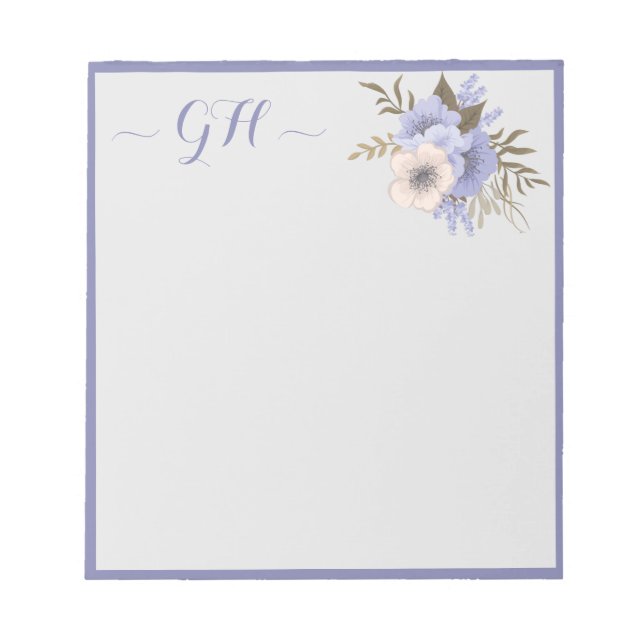 Bloc De Notas Elegante Bouquet Floral Gris Azul Rosa Iniciales (Frente)