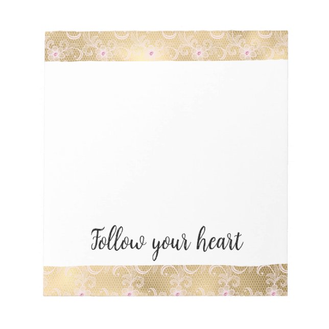 Bloc De Notas Elegante encaje floral rosa y dorado (Frente)