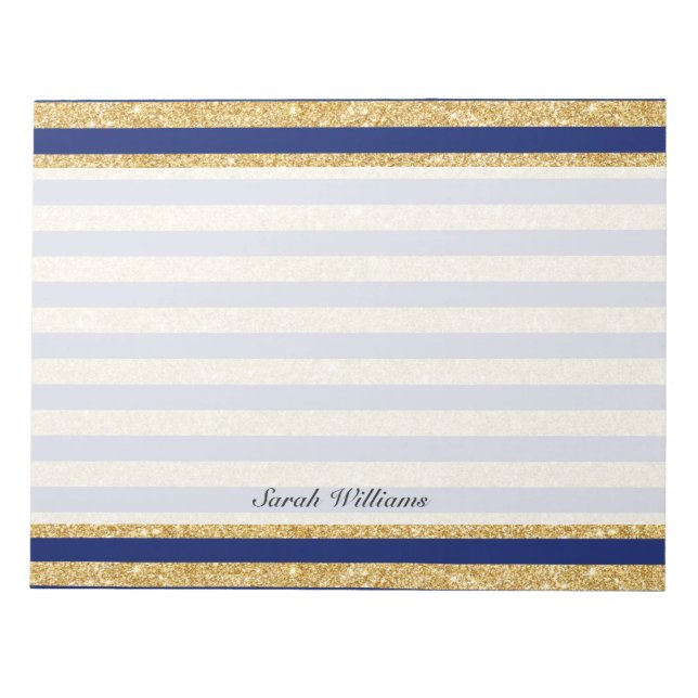 Bloc De Notas Elegante Faux Gold Purpurina y patrón de rayas azu (Frente)