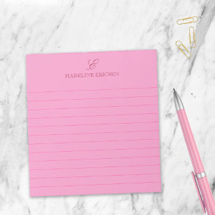Bloc De Notas Elegante Femenino Monograma Rayado Rosa