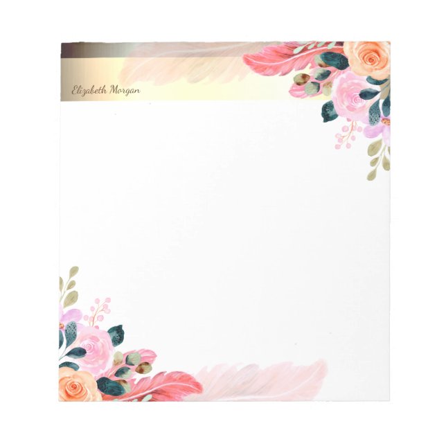 Bloc De Notas Elegante Franja Dorada, Flor Pluma (Frente)