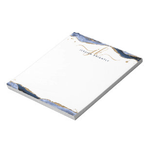 Bloc De Notas Elegante guión de agate azul monograma Iniciales