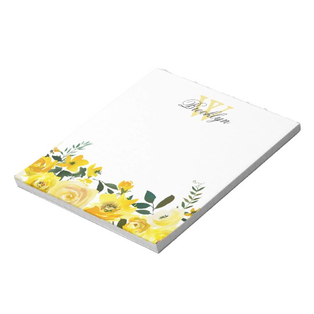 Bloc De Notas Elegante Jardín Amarillo Floral Monogramado (Lado Izquierdo)