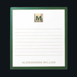Bloc De Notas Elegante Monograma Personalizado<br><div class="desc">Manténgase organizado con estilo con este bloc de notas monogramado personalizado con un sofisticado diseño de monograma verde esmeralda y oro. Las páginas alineadas proporcionan un amplio espacio para anotar notas, listas de tareas pendientes y más, mientras que el diseño elegante le añade un toque de lujo a su vida...</div>