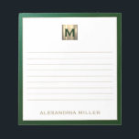 Bloc De Notas Elegante Monograma Personalizado<br><div class="desc">Manténgase organizado con estilo con este bloc de notas monogramado personalizado con un sofisticado diseño de monograma verde esmeralda y oro. Las páginas alineadas proporcionan un amplio espacio para anotar notas, listas de tareas pendientes y más, mientras que el diseño elegante le añade un toque de lujo a su vida...</div>