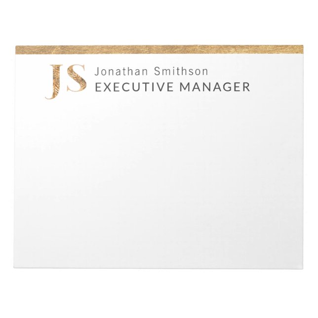 Bloc De Notas Elegante Monograma Personalizado Blanco y Oro (Frente)