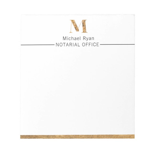 Bloc De Notas Elegante Monograma Personalizado Blanco y Oro (Frente)