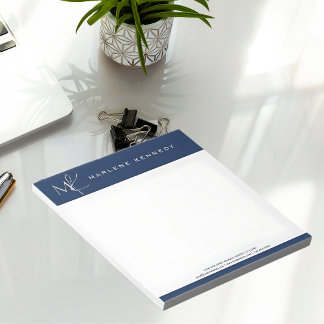 Bloc De Notas Elegante Monograma Plateado Personalizado Azul Mar