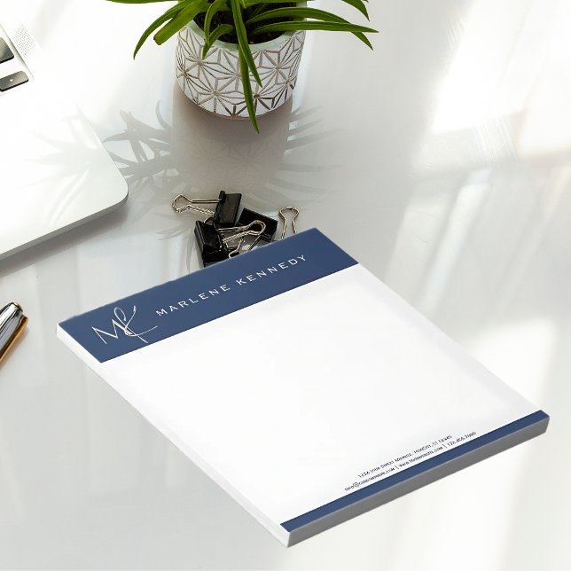 Bloc De Notas Elegante Monograma Plateado Personalizado Azul Mar (Subido por el creador)