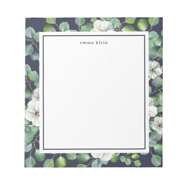 Bloc De Notas Elegante nombre de vegetación de flores blancas (Frente)