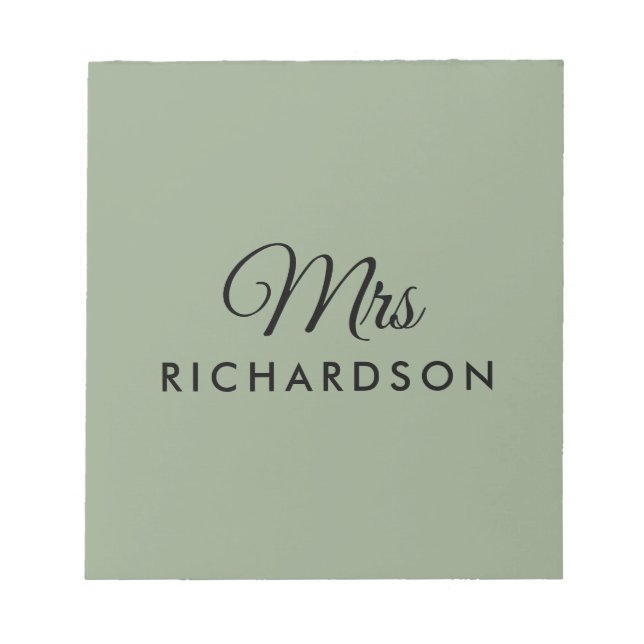 Bloc De Notas Elegante Personalizado verde sabio Sra. Script Nom (Frente)