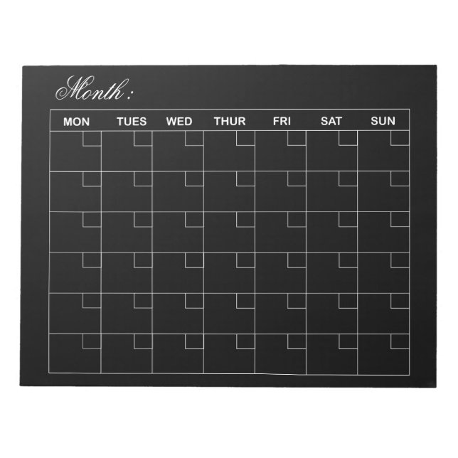 Bloc De Notas Elegante planificador de calendario mensual negro (Frente)