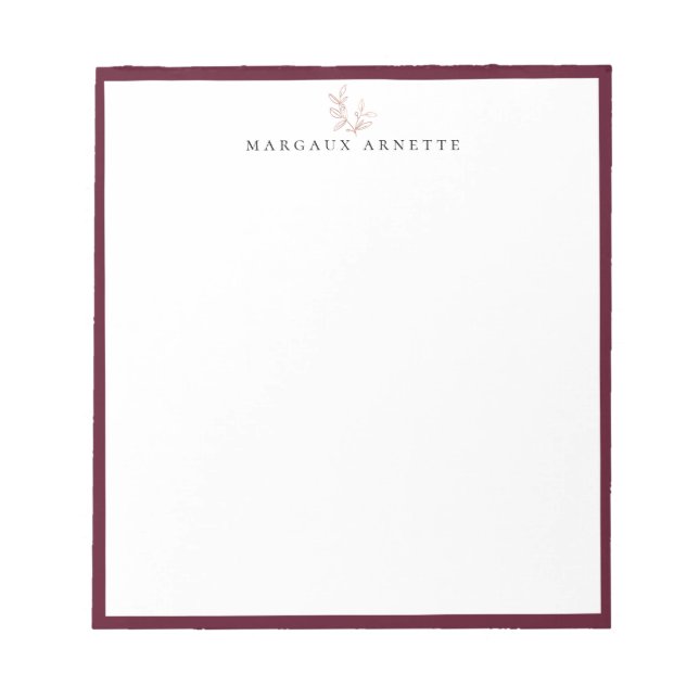 Bloc De Notas Elegante Rosa Rama Botánica de Oro Bordeaux Frame (Frente)
