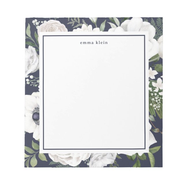 Bloc De Notas Elegante Roses Blancos Verdor Marina Nombre Azul (Frente)
