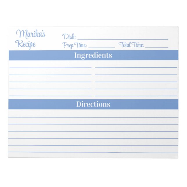 Bloc De Notas Elegante Script Azul Claro 8.5x11 Recetas (Frente)