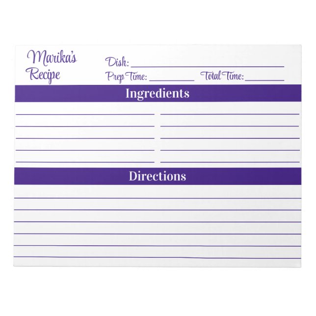 Bloc De Notas Elegante Script Recetas Moradas 8.5x11 (Frente)